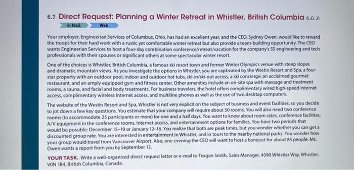 Please follow the "Your Task" Instructions. 6.7 Direct Request: Planning a Winter