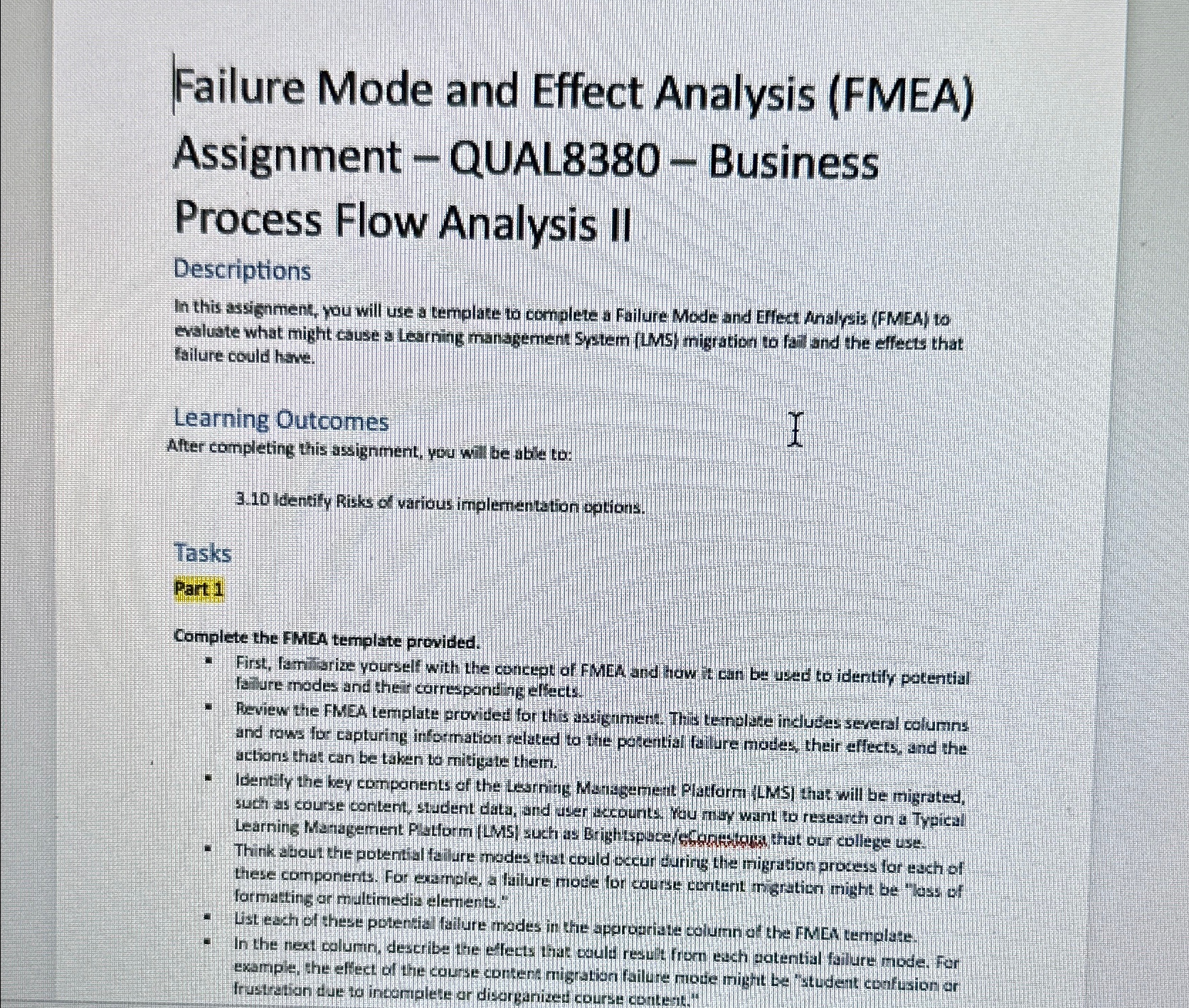  Failure Mode and Effect Analysis (FMEA) Assignment - QUAL8380- Business Process