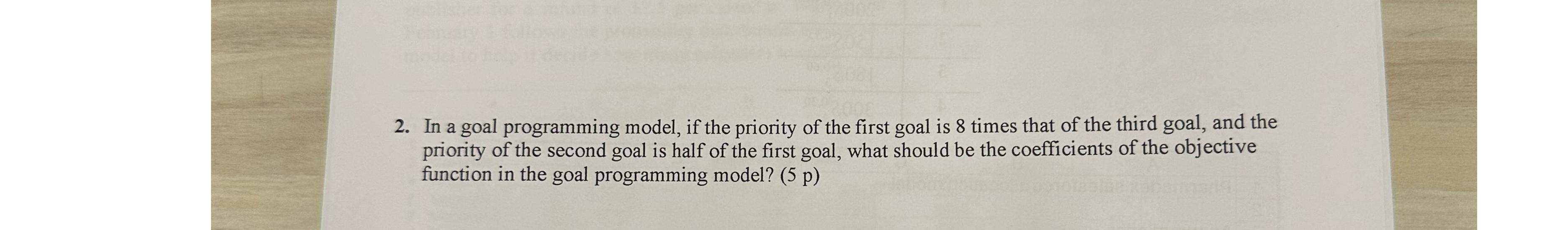  In a goal programming model, if the priority of the first