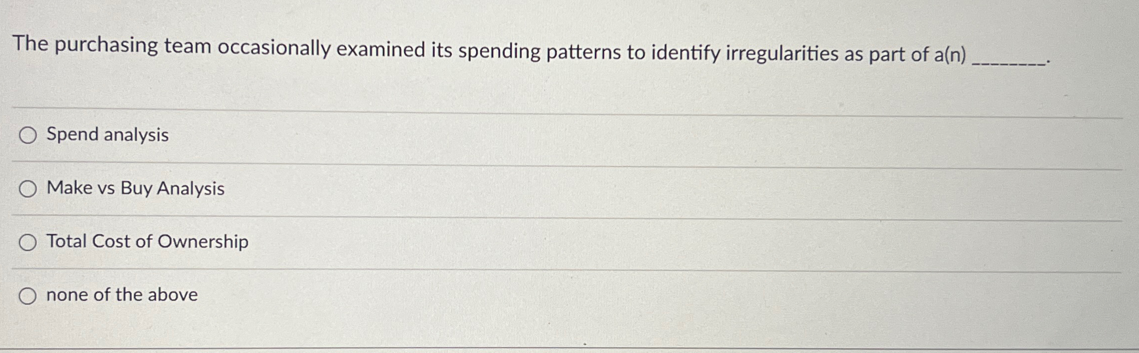  The purchasing team occasionally examined its spending patterns to identify irregularities