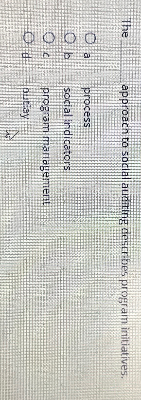  The approach to social auditing describes program initiatives. a process b