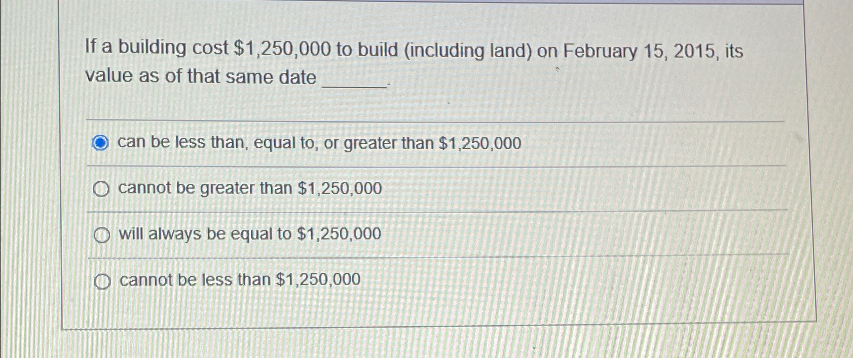  If a building cost $1,250,000 to build (including land) on February
