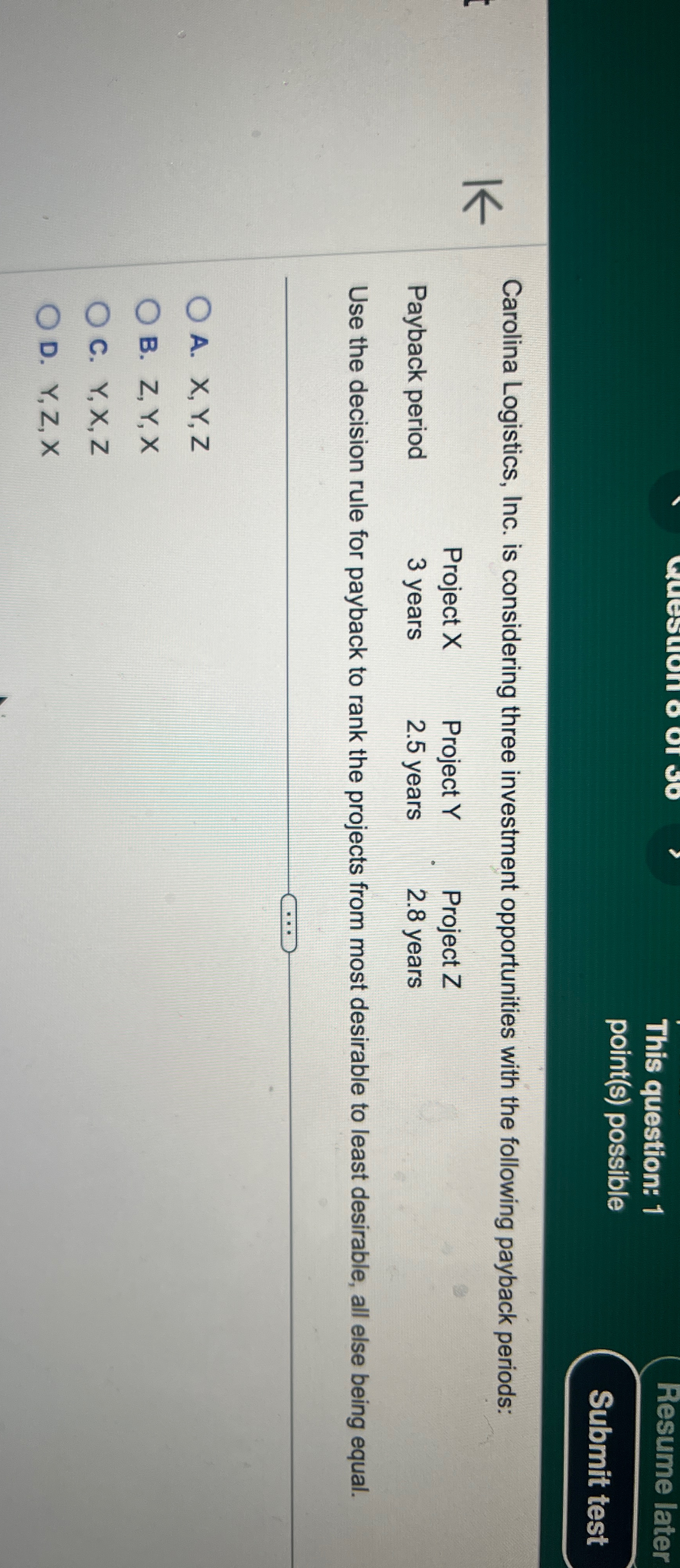  This question: 1 Resume later point(s) possible Carolina Logistics, Inc. is