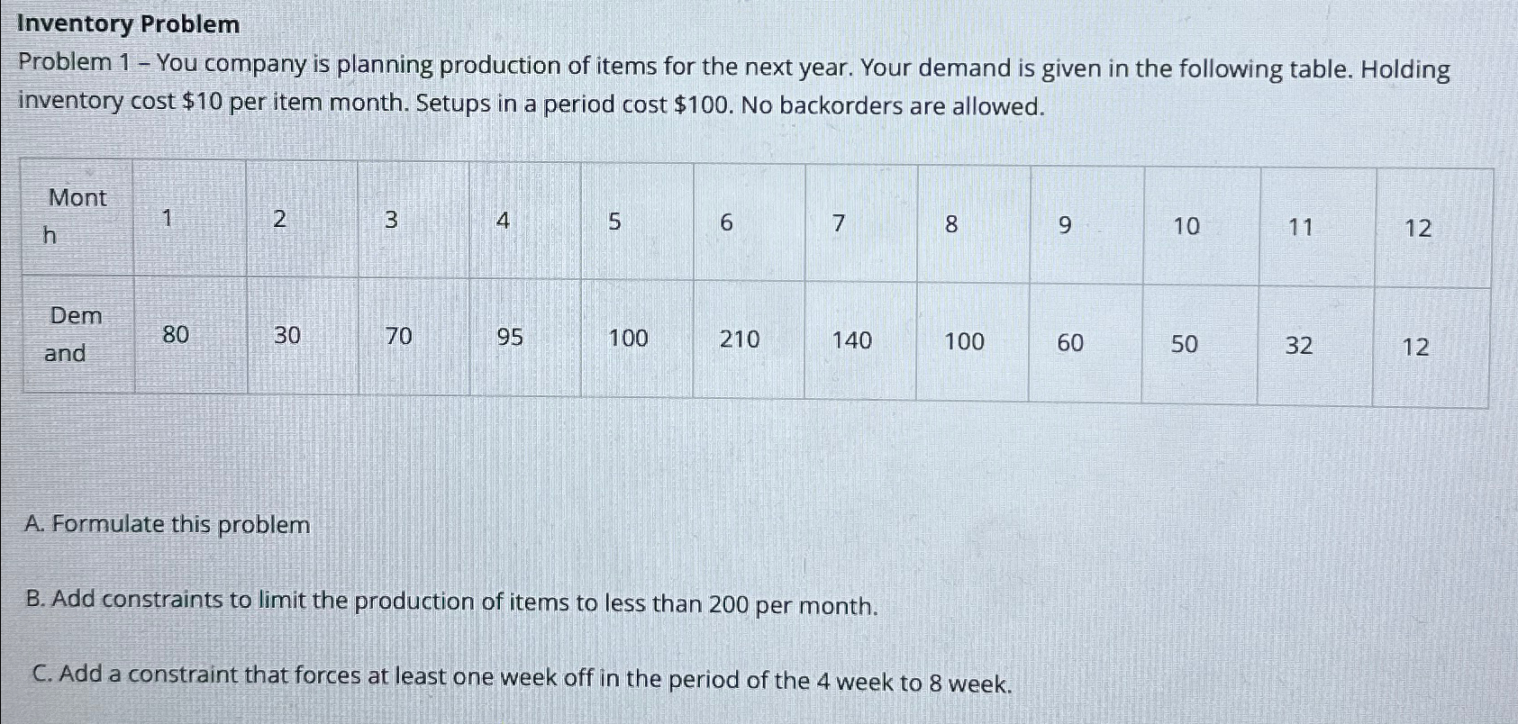  Inventory Problem Problem 1- You company is planning production of items