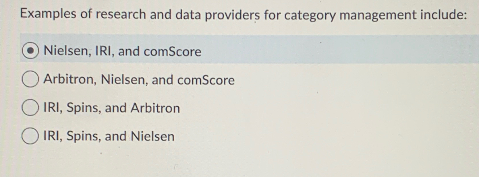  Examples of research and data providers for category management include: Nielsen,