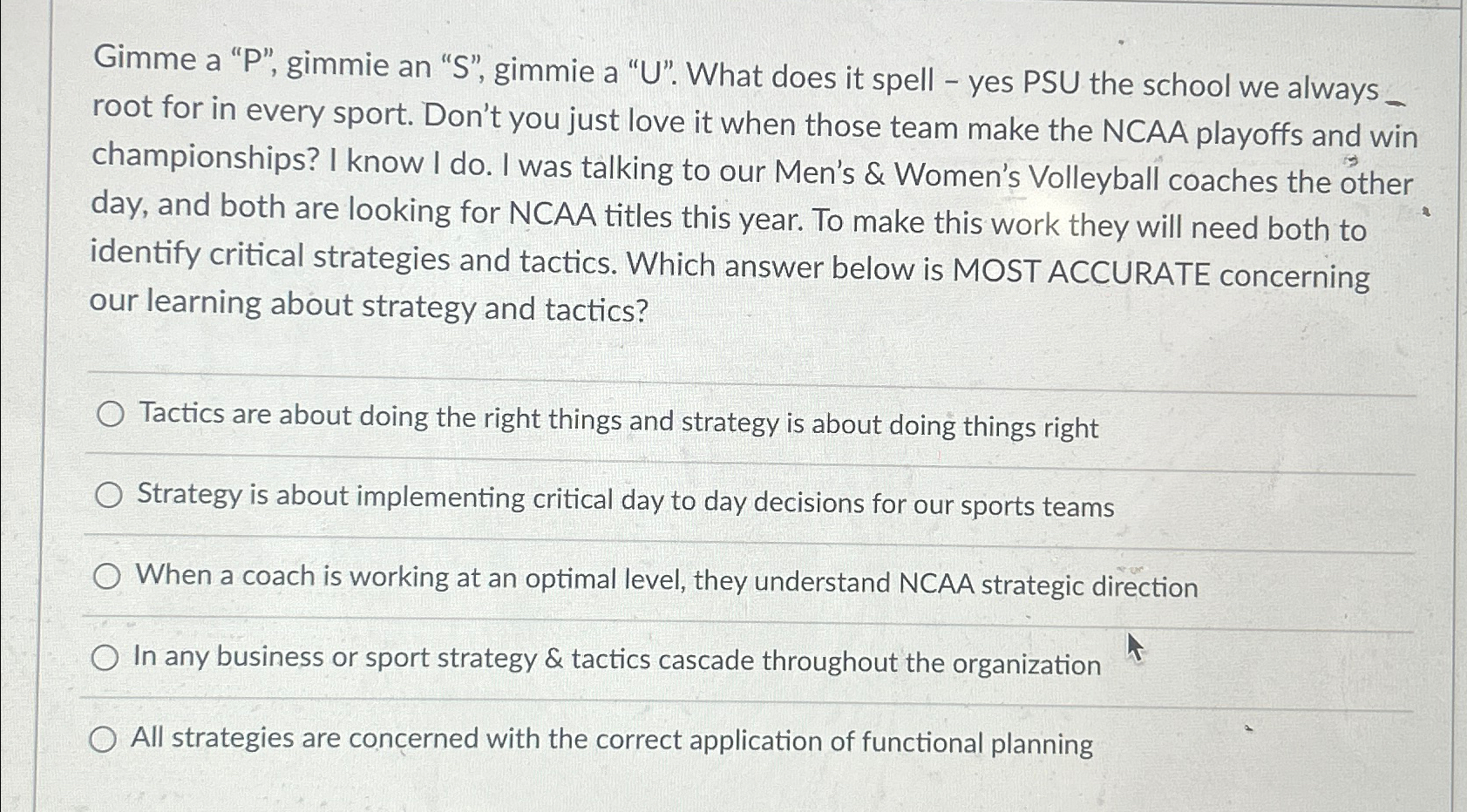  Gimme a "P", gimmie an "S", gimmie a "U". What does