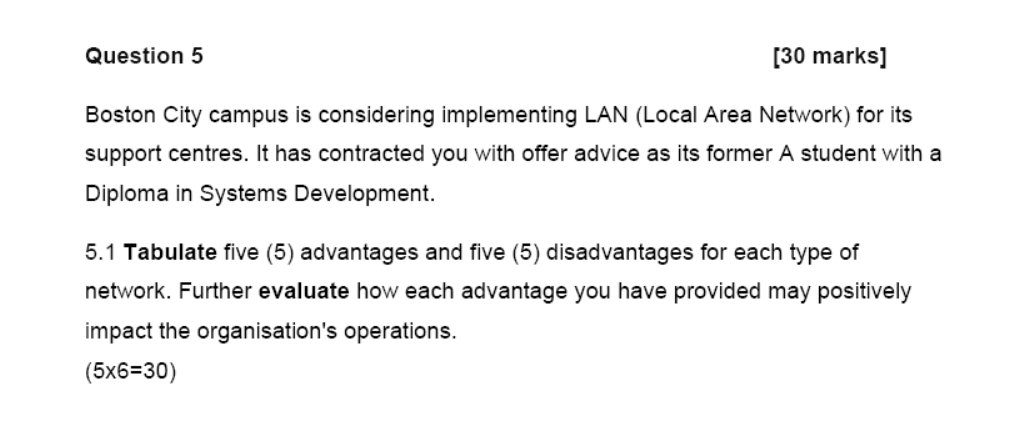  Question 5 [30 marks] Boston City campus is considering implementing LAN