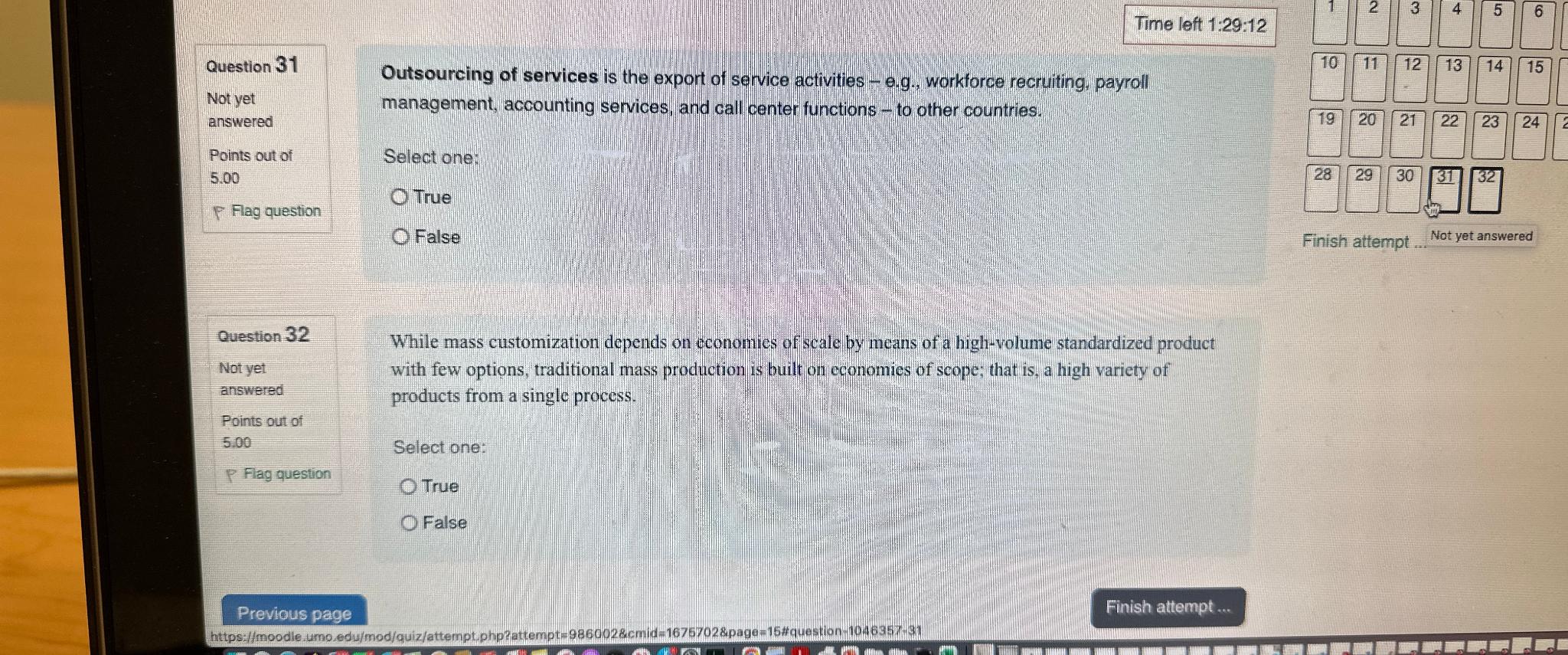  Time left 1:29:12 Question 31 Not yet answered Points out of