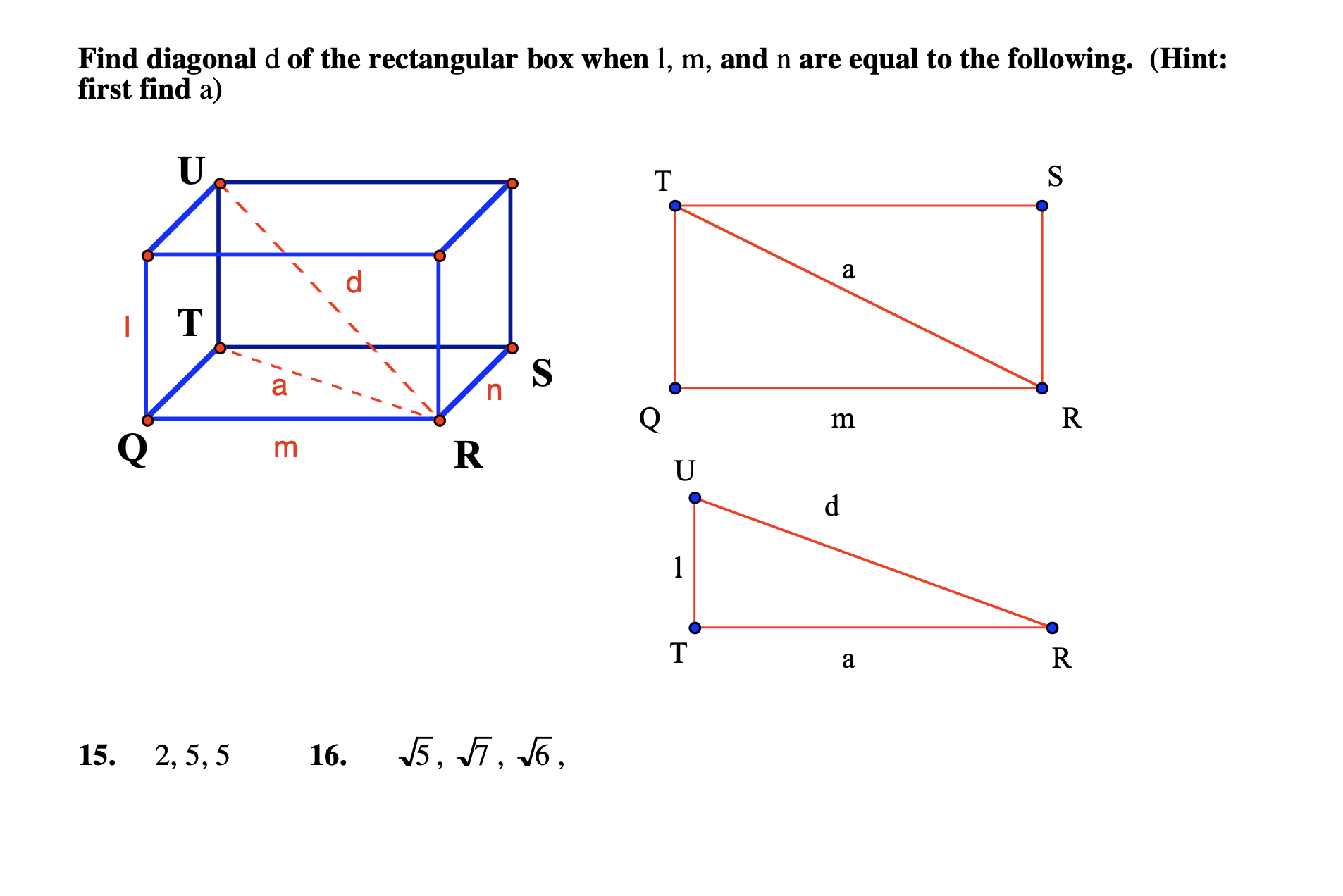 Find diagonal d of the rectangular box when l, m, and n