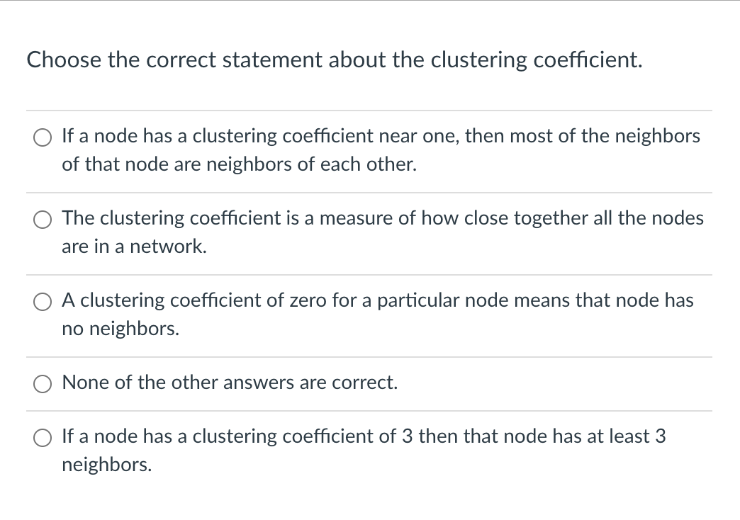question attached. Choose the correct statement about the clustering coefficient. O If