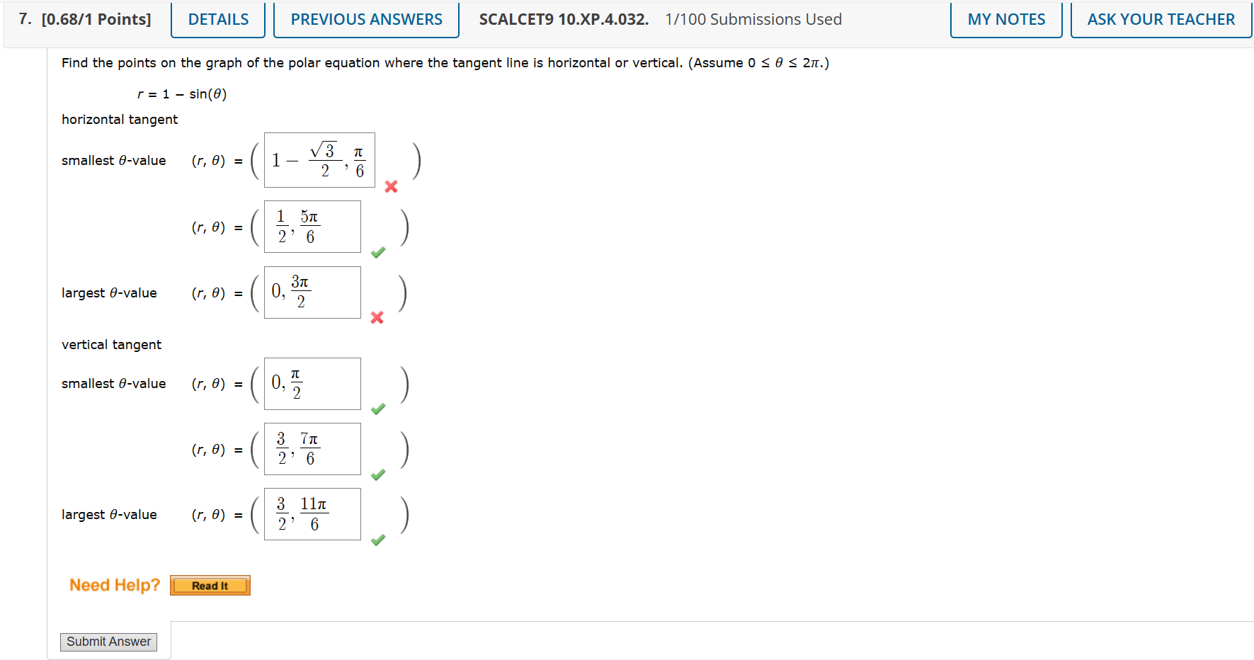 the given polar curve at the point specified by the value of