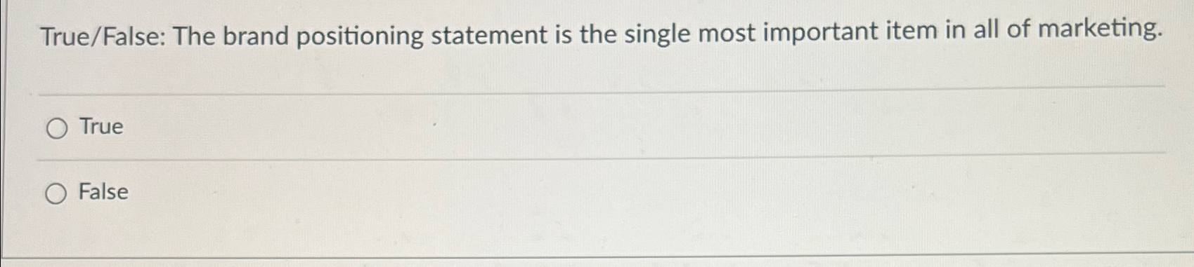  True/False: The brand positioning statement is the single most important item
