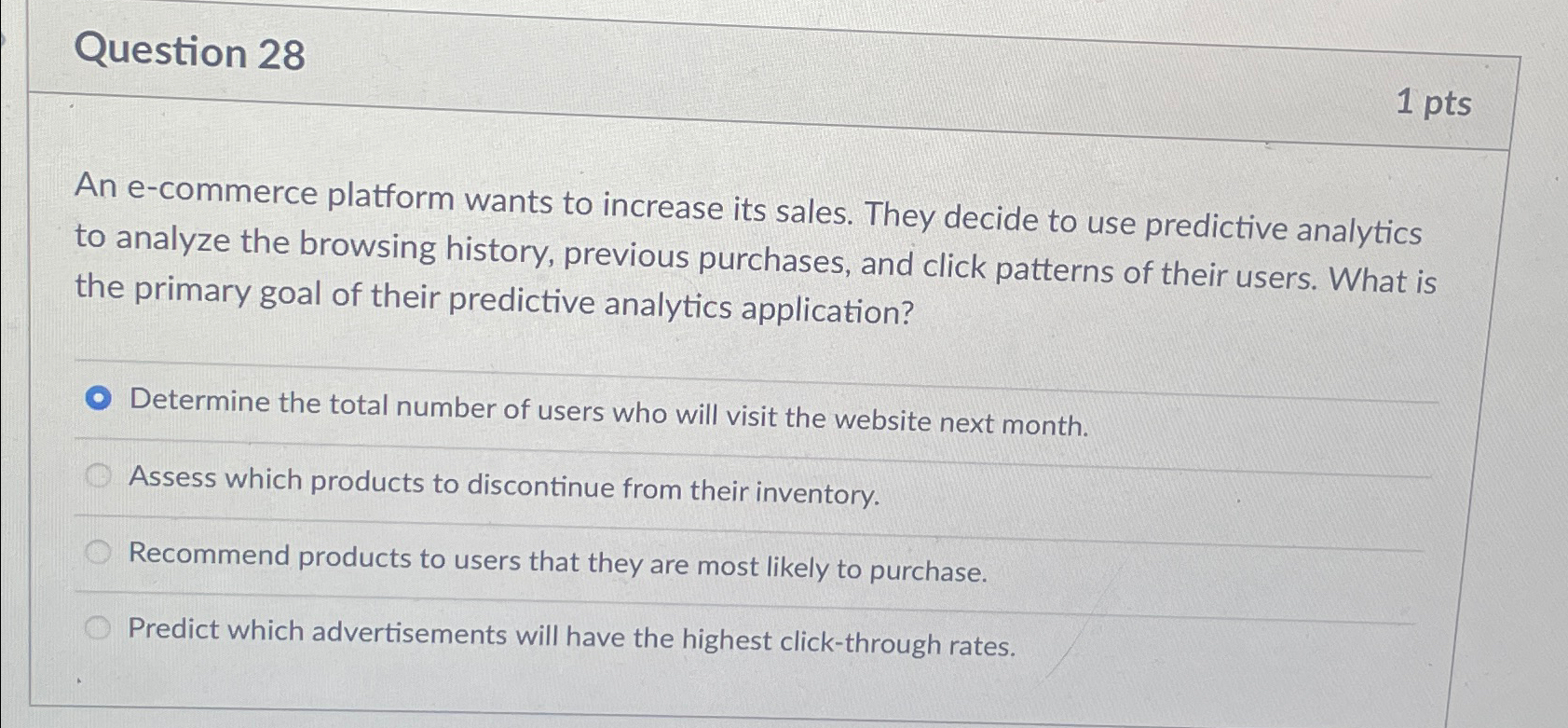  Question 28 1 pts An e-commerce platform wants to increase its