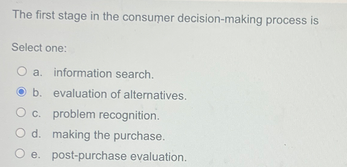  The first stage in the consumer decision-making process is Select one: