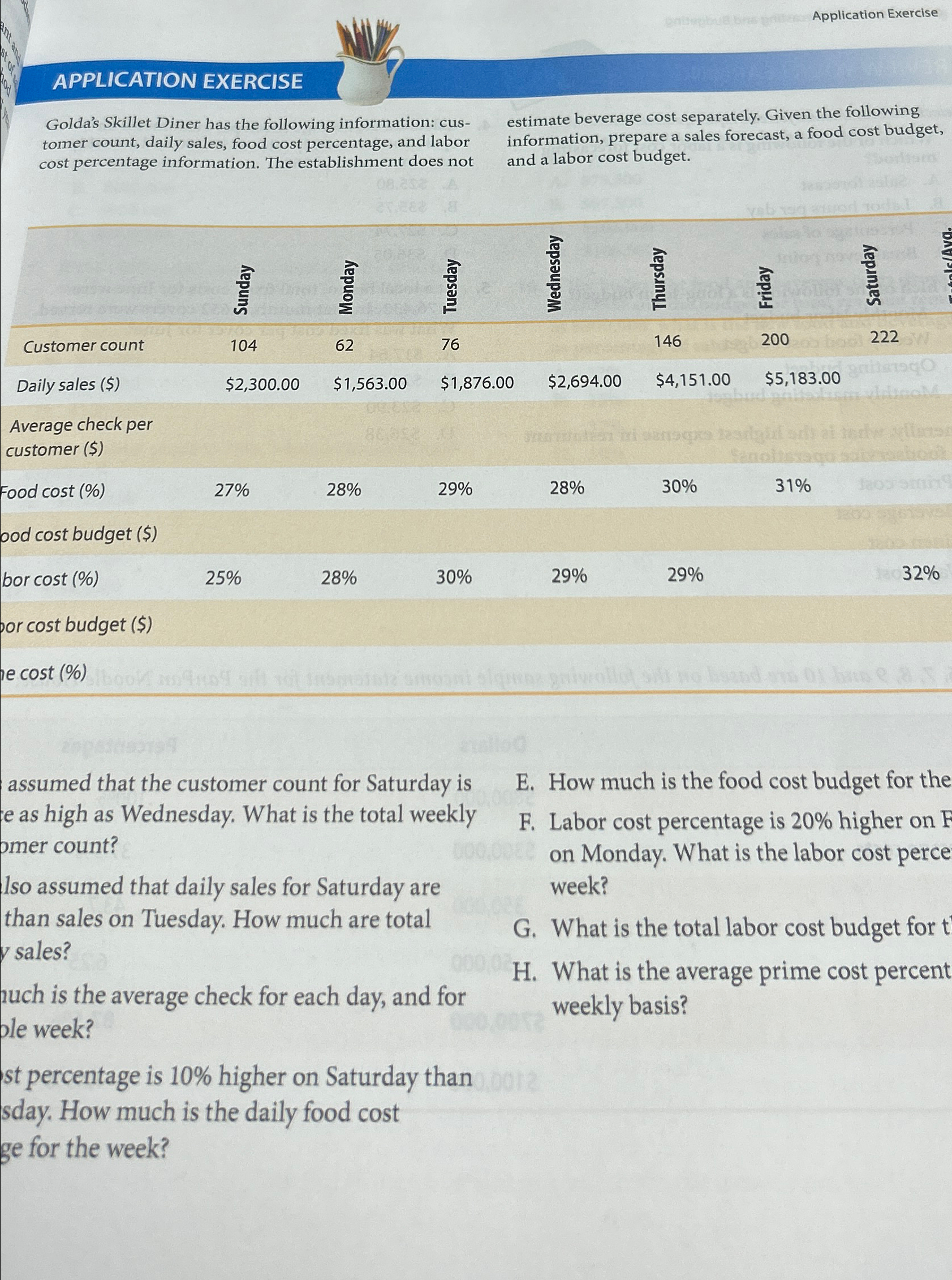  Application Exercise APPLICATION EXERCISE Golda's Skillet Diner has the following information: