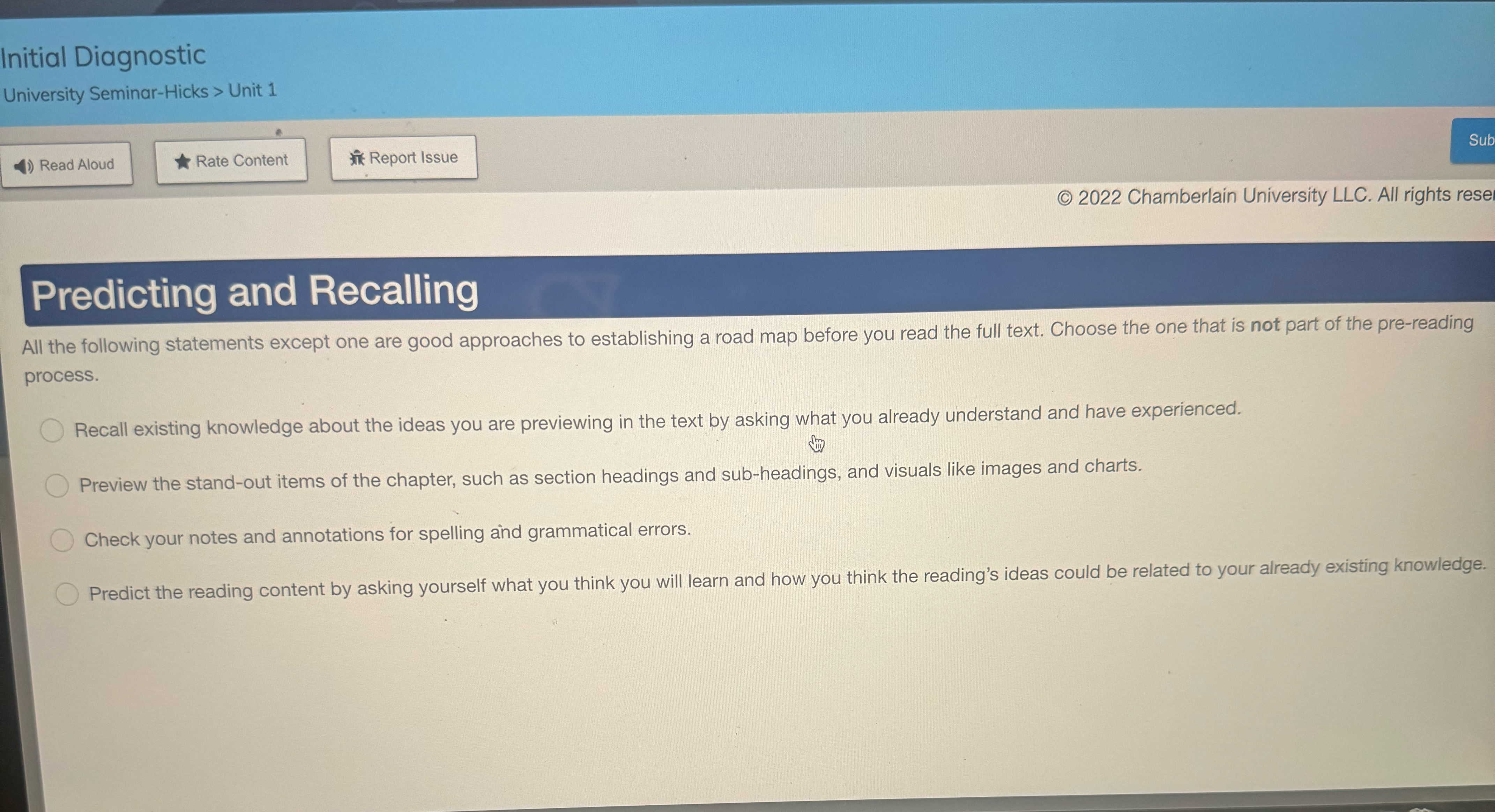  Initial Diagnostic University Seminar-Hicks > Unit 1 (c)2022 Chamberlain University LLC.
