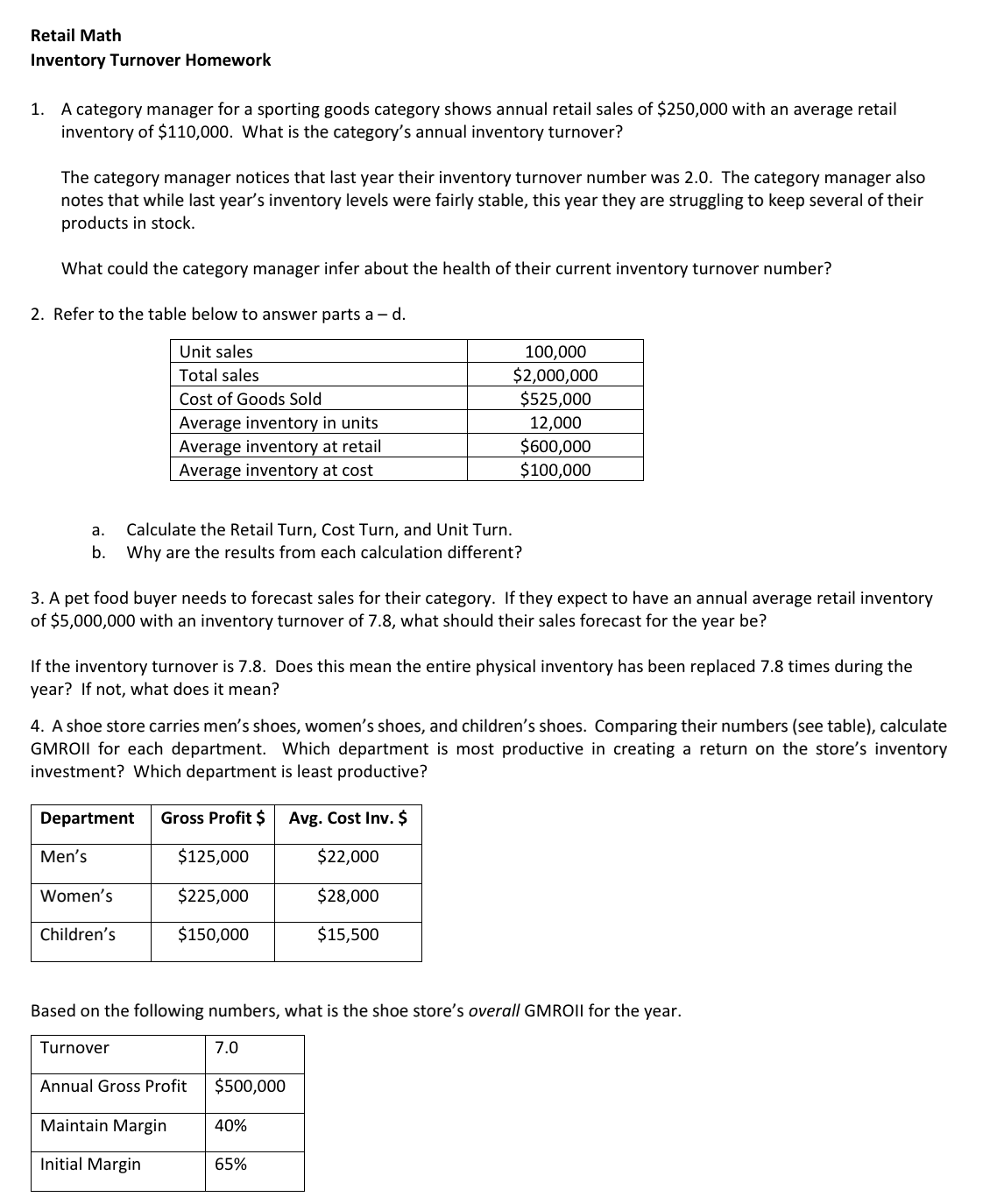  Retail Math Inventory Turnover Homework A category manager for a sporting
