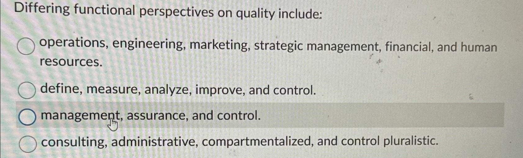  Differing functional perspectives on quality include: operations, engineering, marketing, strategic management,