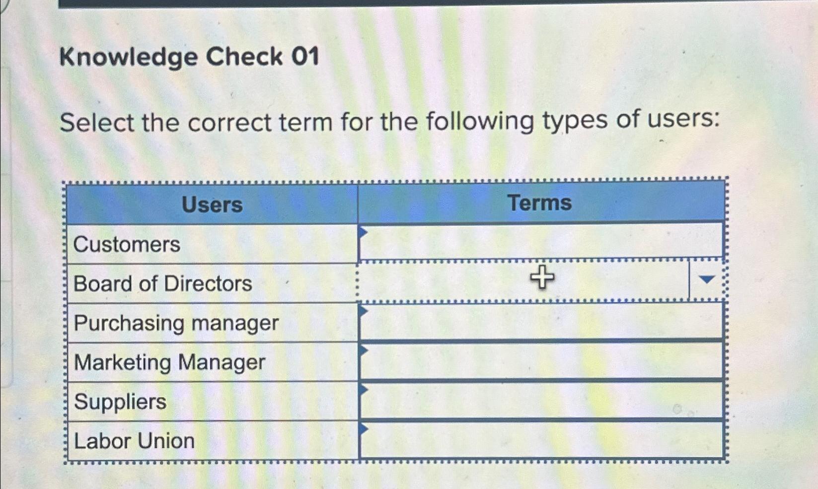  Knowledge Check 01 Select the correct term for the following types