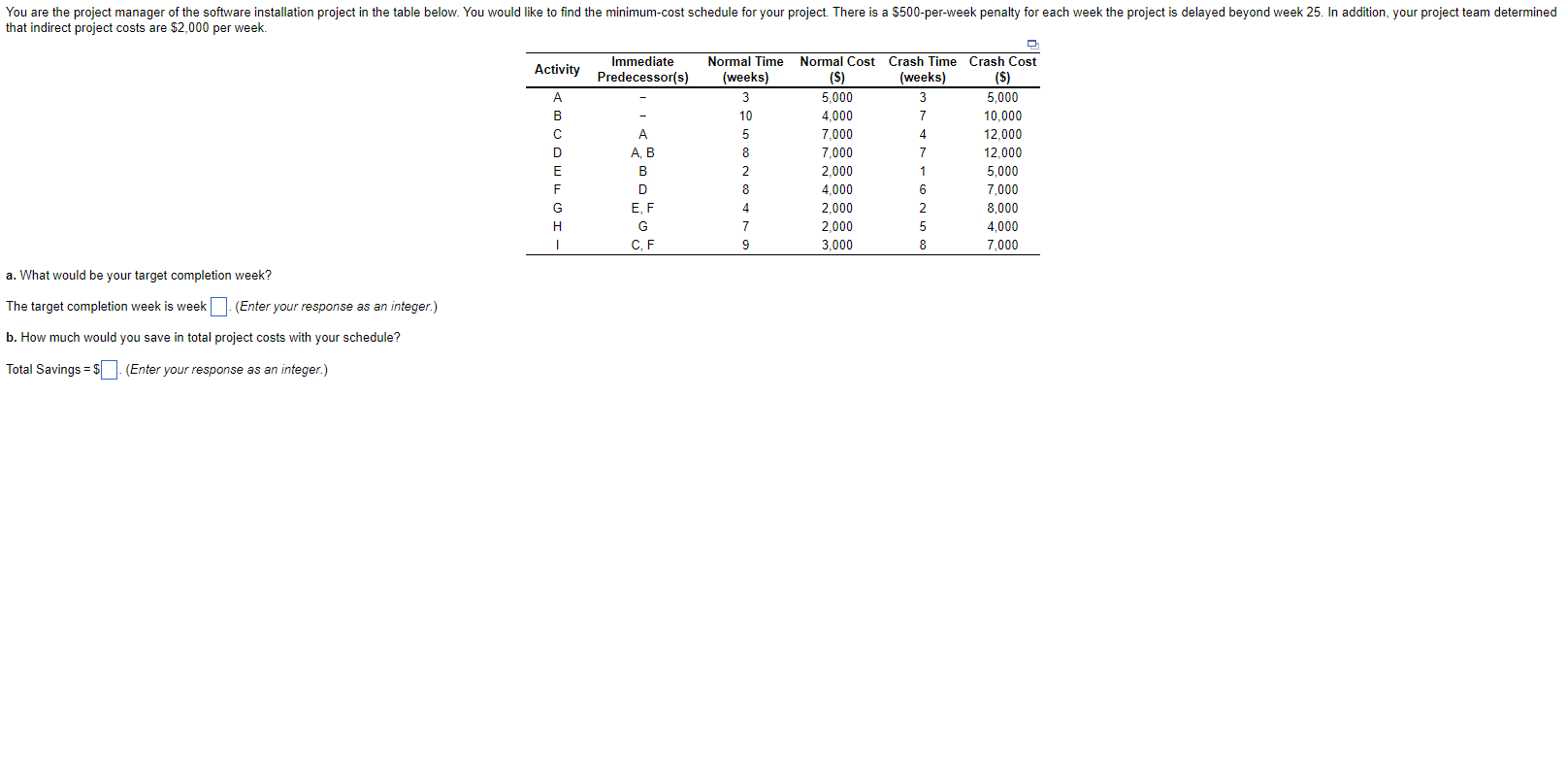 a. What would be your target completion week? The target completion