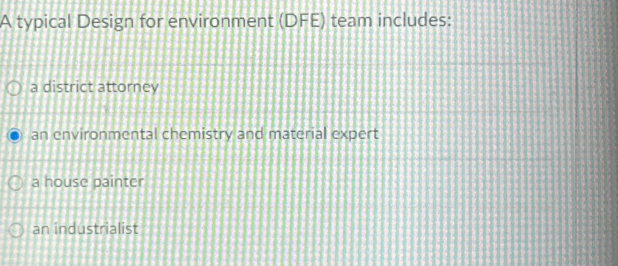  A typical Design for environment (DFE) team includes: a district attorney