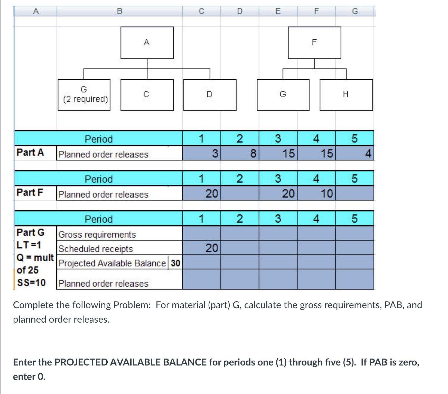  Complete the following Problem: For material (part) G, calculate the gross