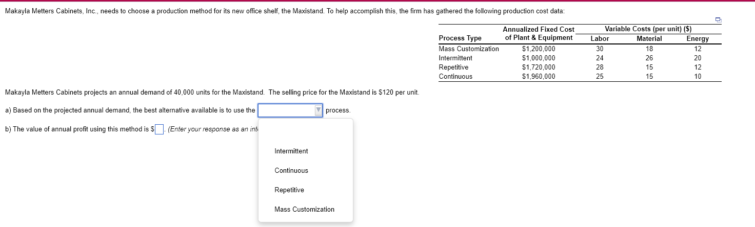  Makayla Metters Cabinets, Inc., needs to choose a production method for