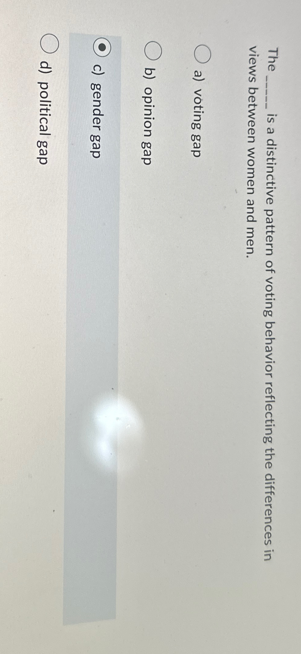  The is a distinctive pattern of voting behavior reflecting the differences