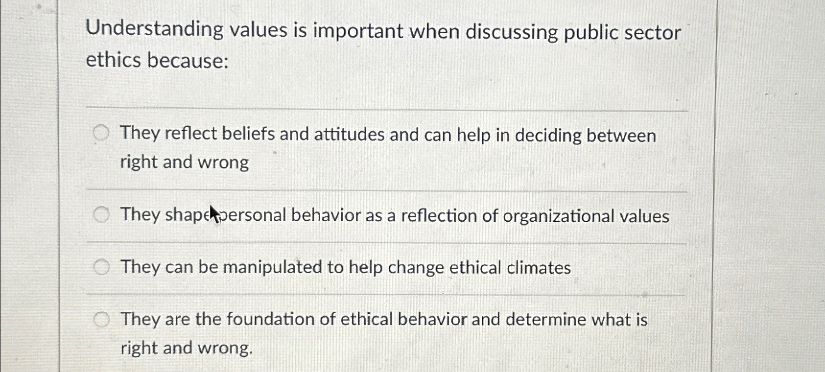  Understanding values is important when discussing public sector ethics because: They