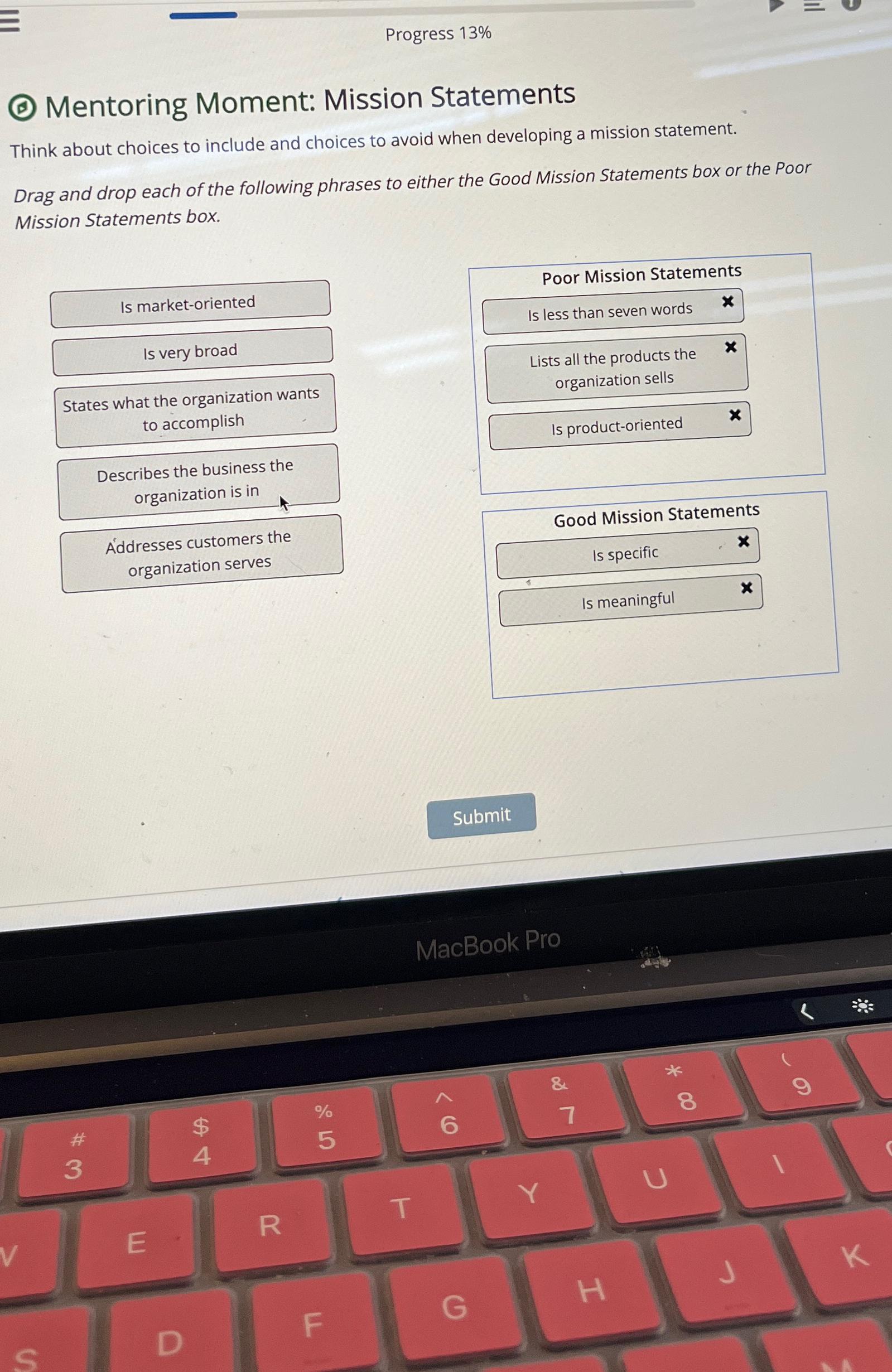  Progress 13% (C) Mentoring Moment: Mission Statements Think about choices to