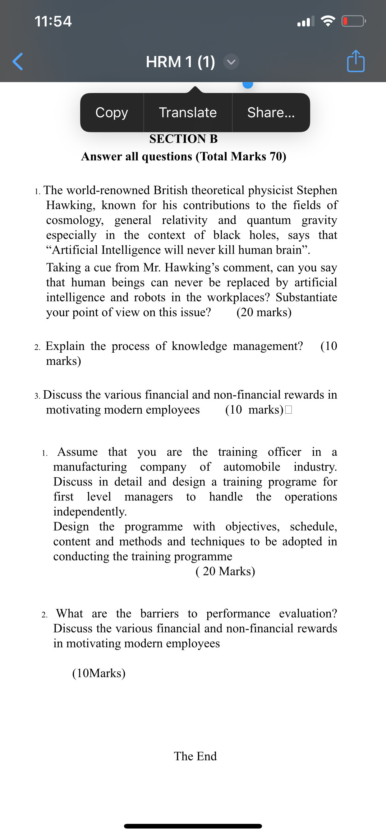  11:54 all ~~ HRM 1(1) Copy Translate Share... SECTION B Answer