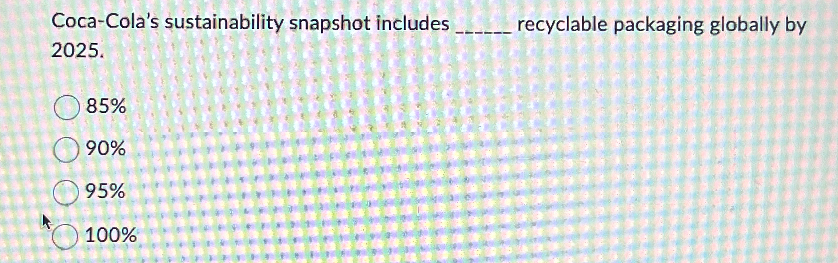  Coca-Cola's sustainability snapshot includes recyclable packaging globally by 2025. 85% 90%