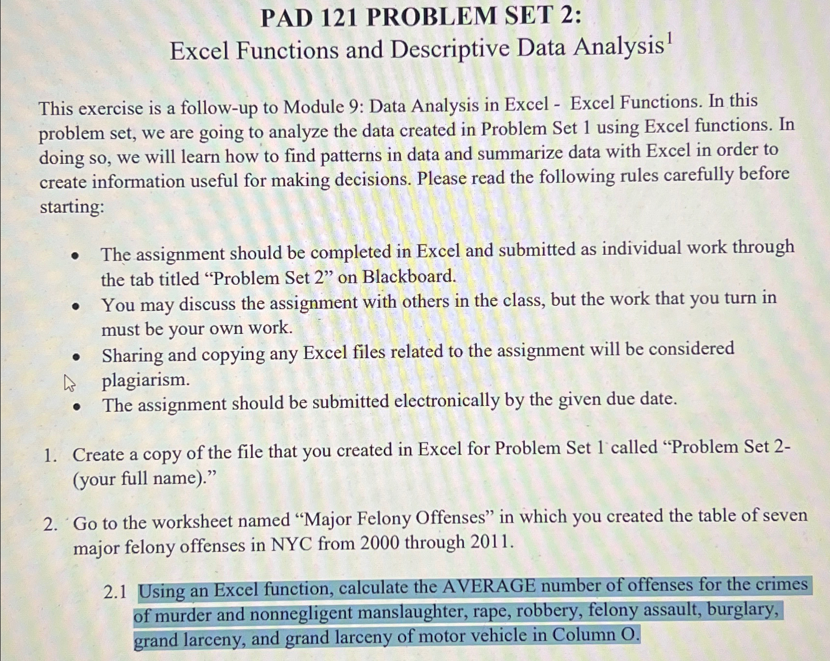  PAD 121 PROBLEM SET 2: Excel Functions and Descriptive Data Analysis