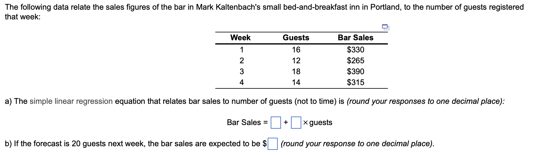 a) The simple linear regression equation that relates bar sales to