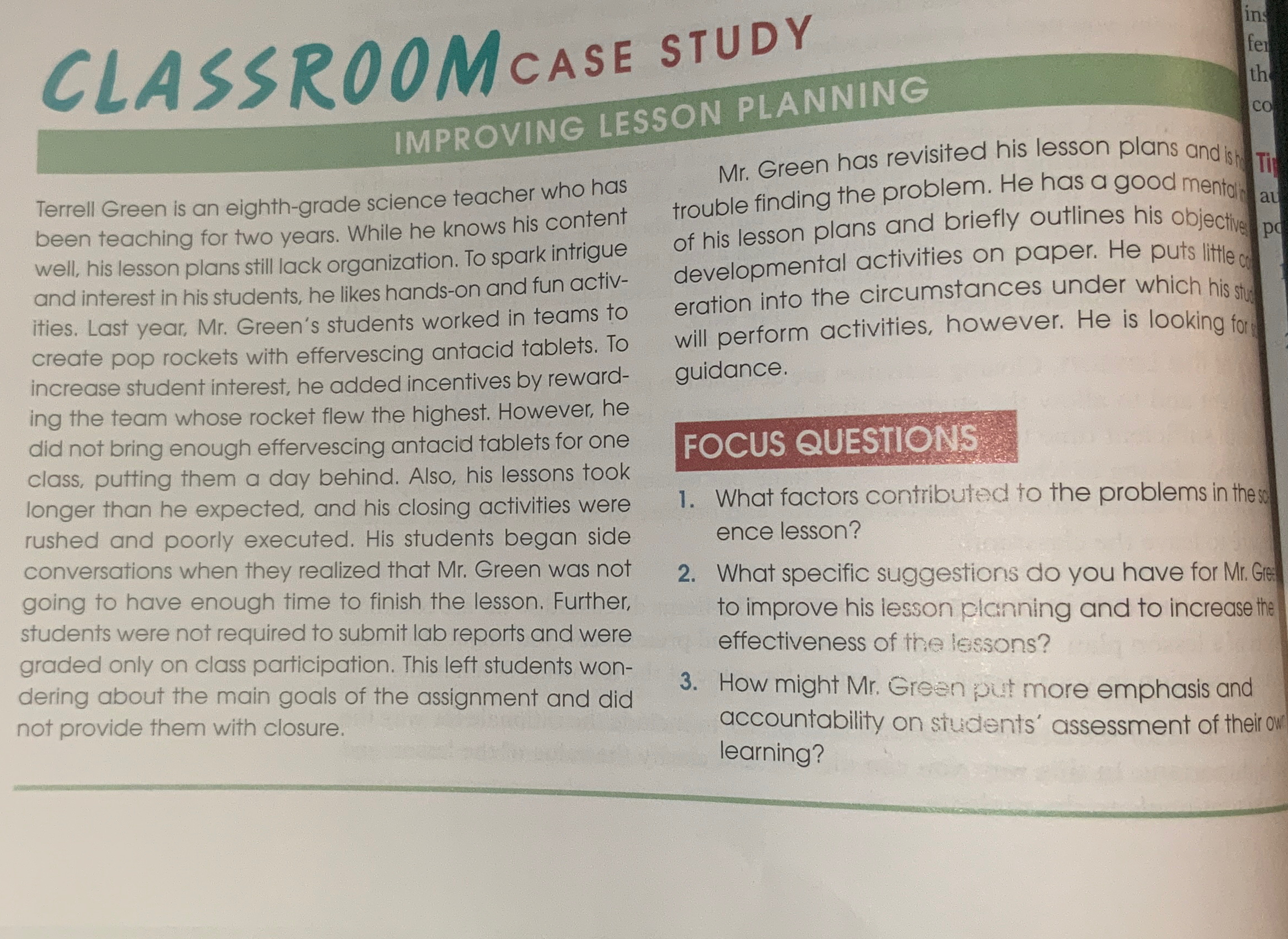 CLASSROOMCASE STU STUDY IMPROVING LESSON PLANNING Terrell Green is an eighth-grade