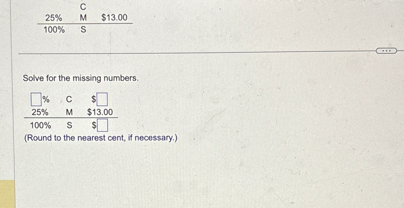  \table[[,C,],[25%,M,$13.00 