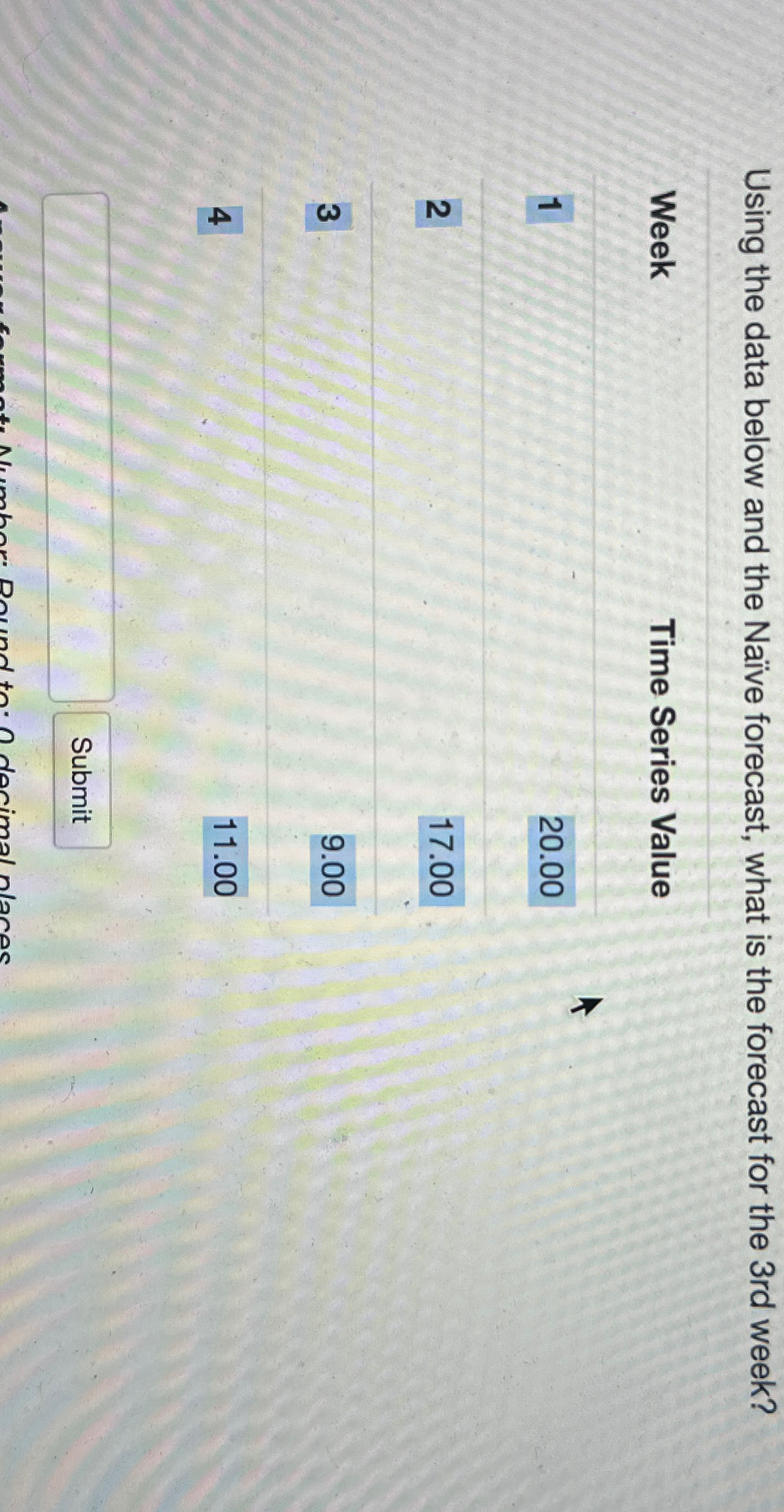  Using the data below and the Nave forecast, what is the