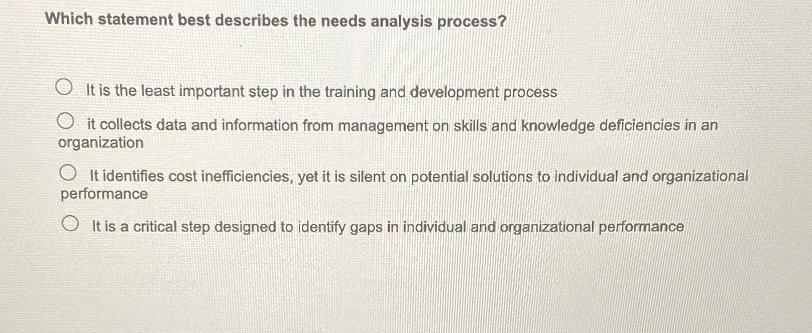  Which statement best describes the needs analysis process? It is the