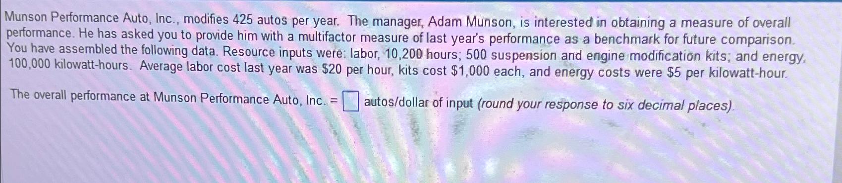  Munson Performance Auto, Inc., modifies 425 autos per year. The manager,