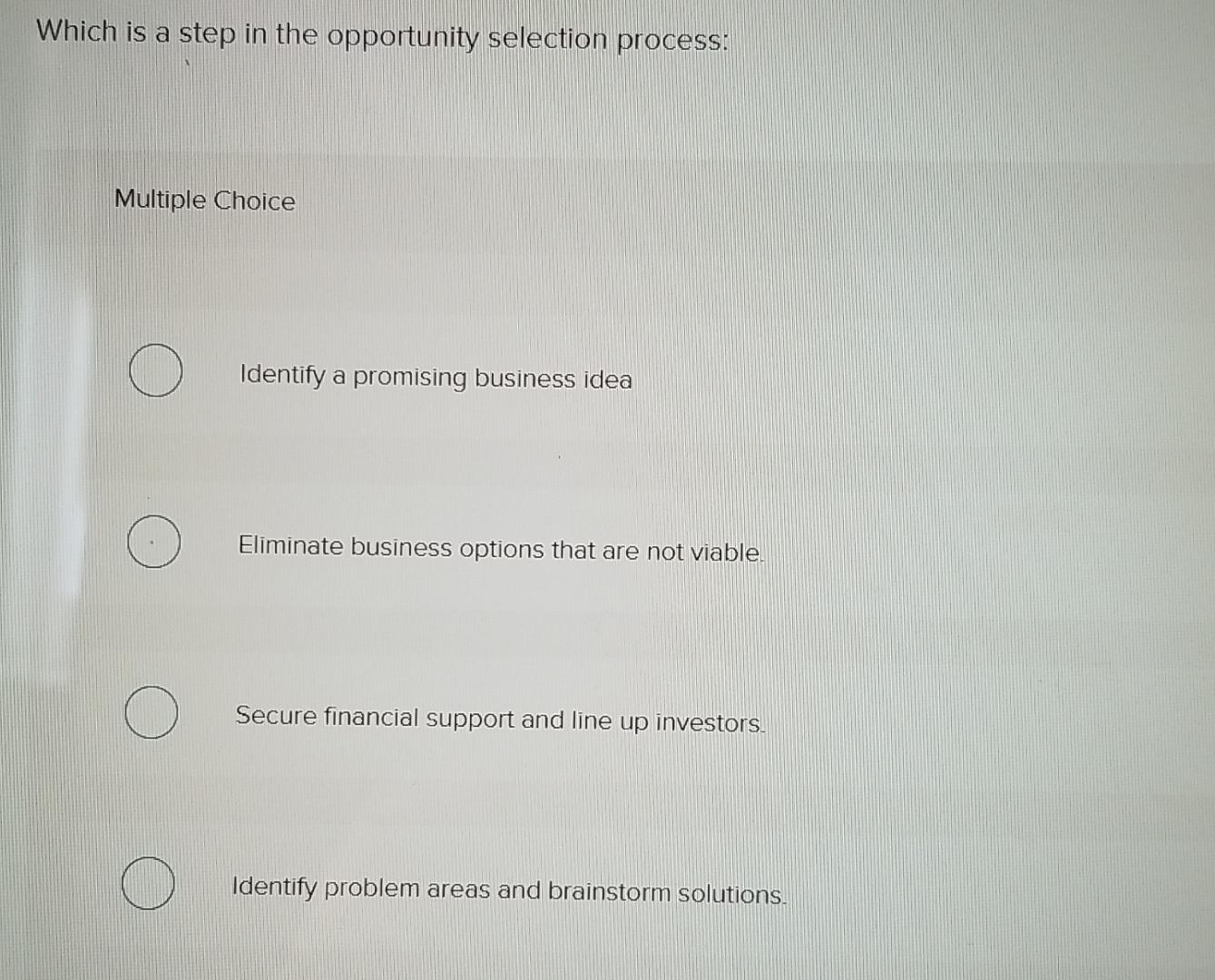  Which is a step in the opportunity selection process: Multiple Choice
