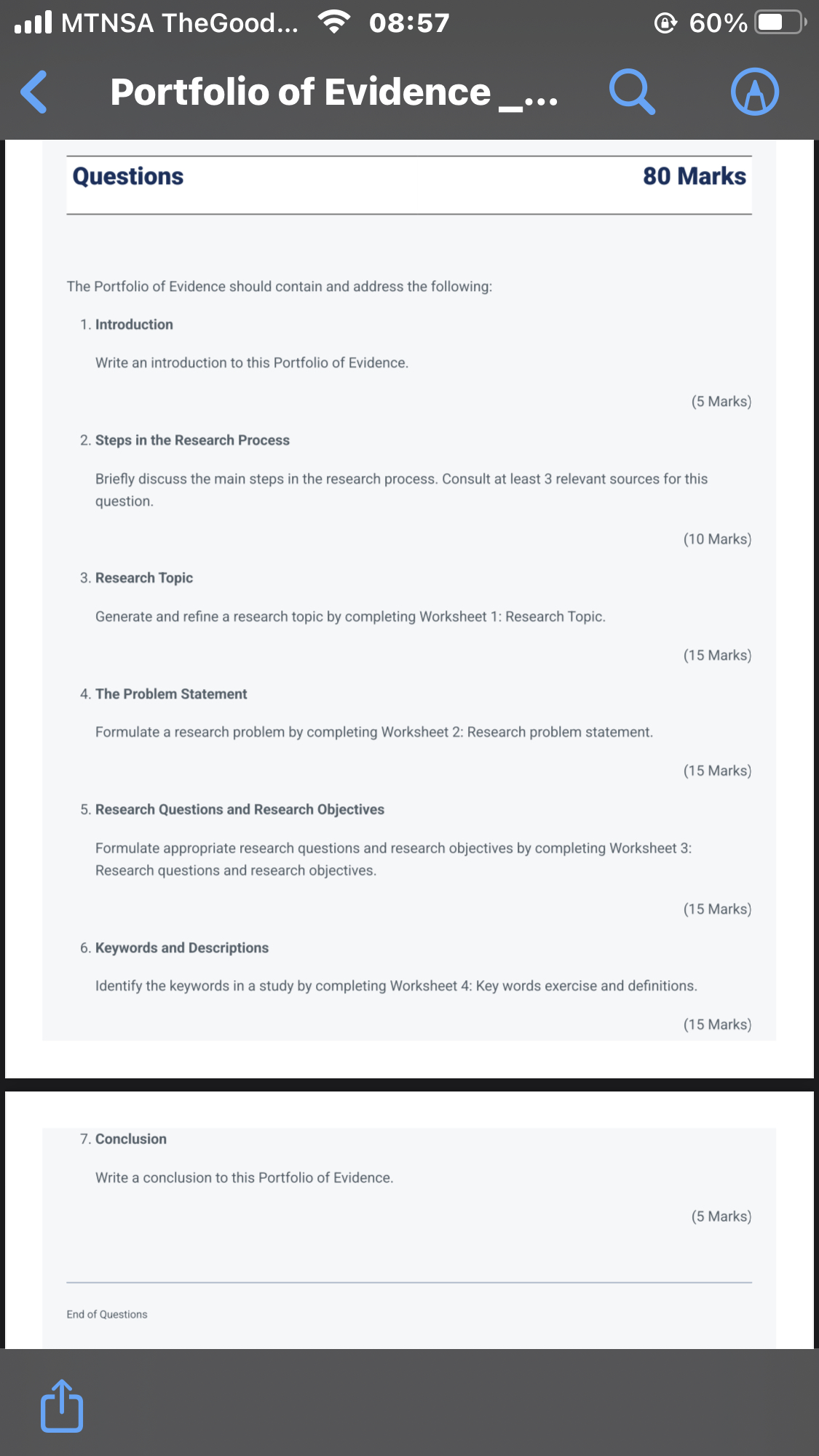  .ull MTNSA TheGood... 28:57 Portfolio of Evidence _... Questions 80 Marks