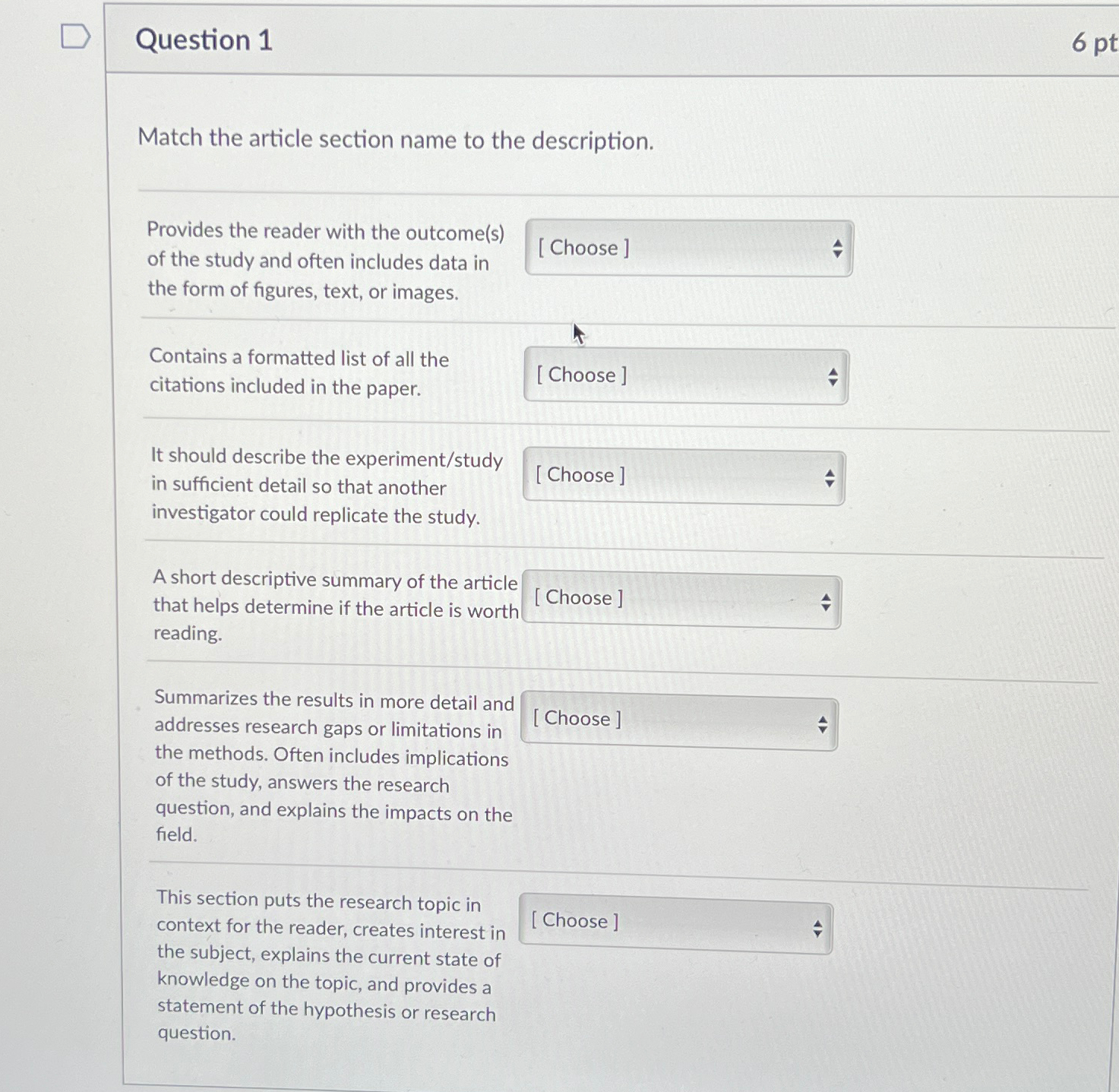  Question 1 Match the article section name to the description. Provides