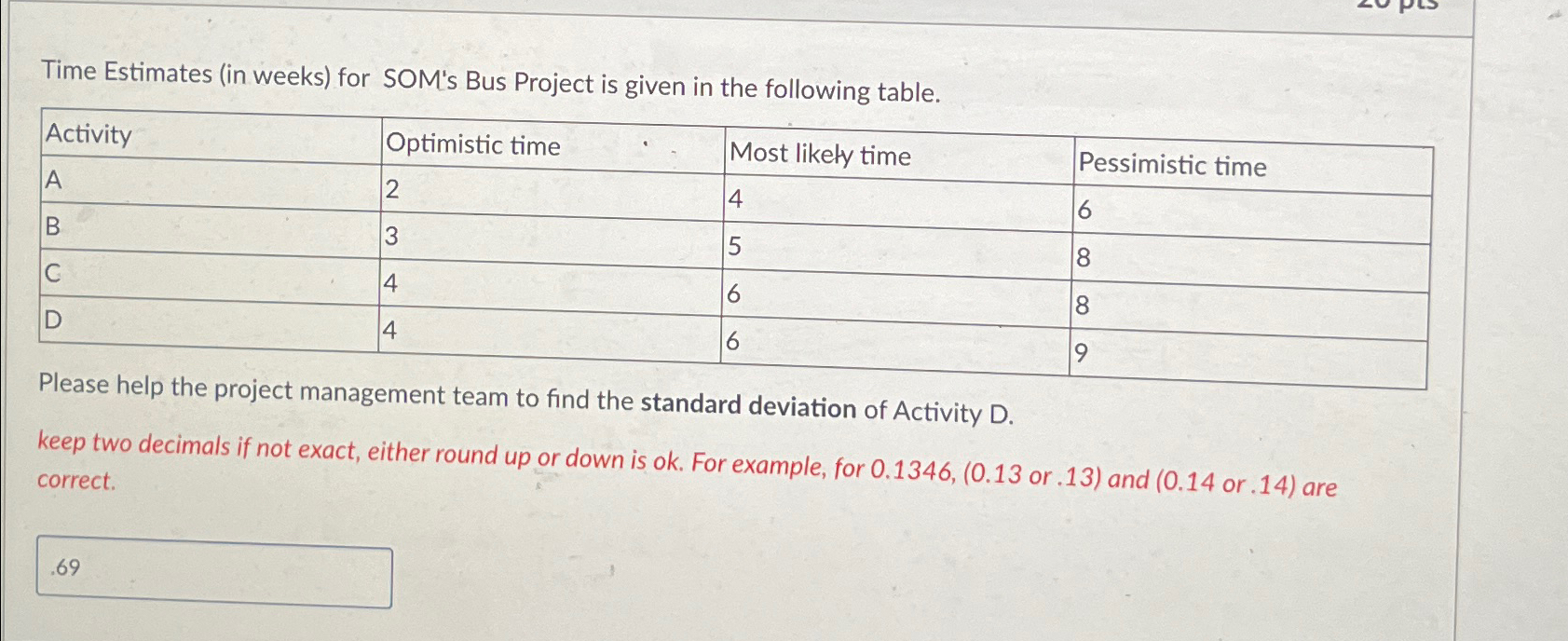  Time Estimates (in weeks) for SOM's Bus Project is given in