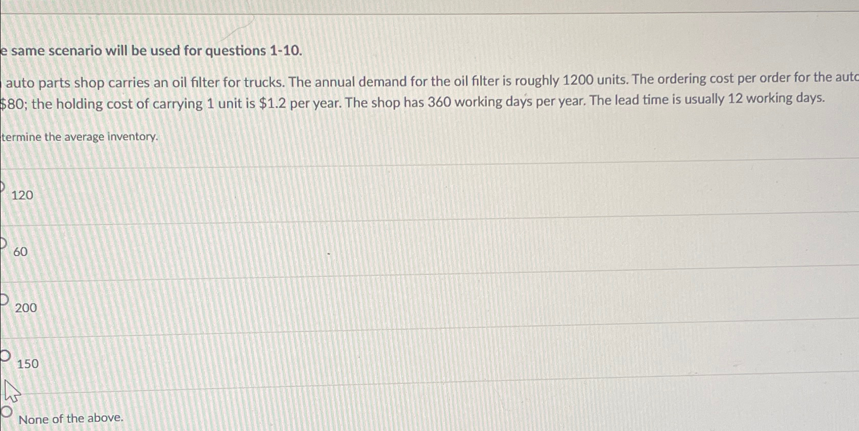  e same scenario will be used for questions 1-10. auto parts