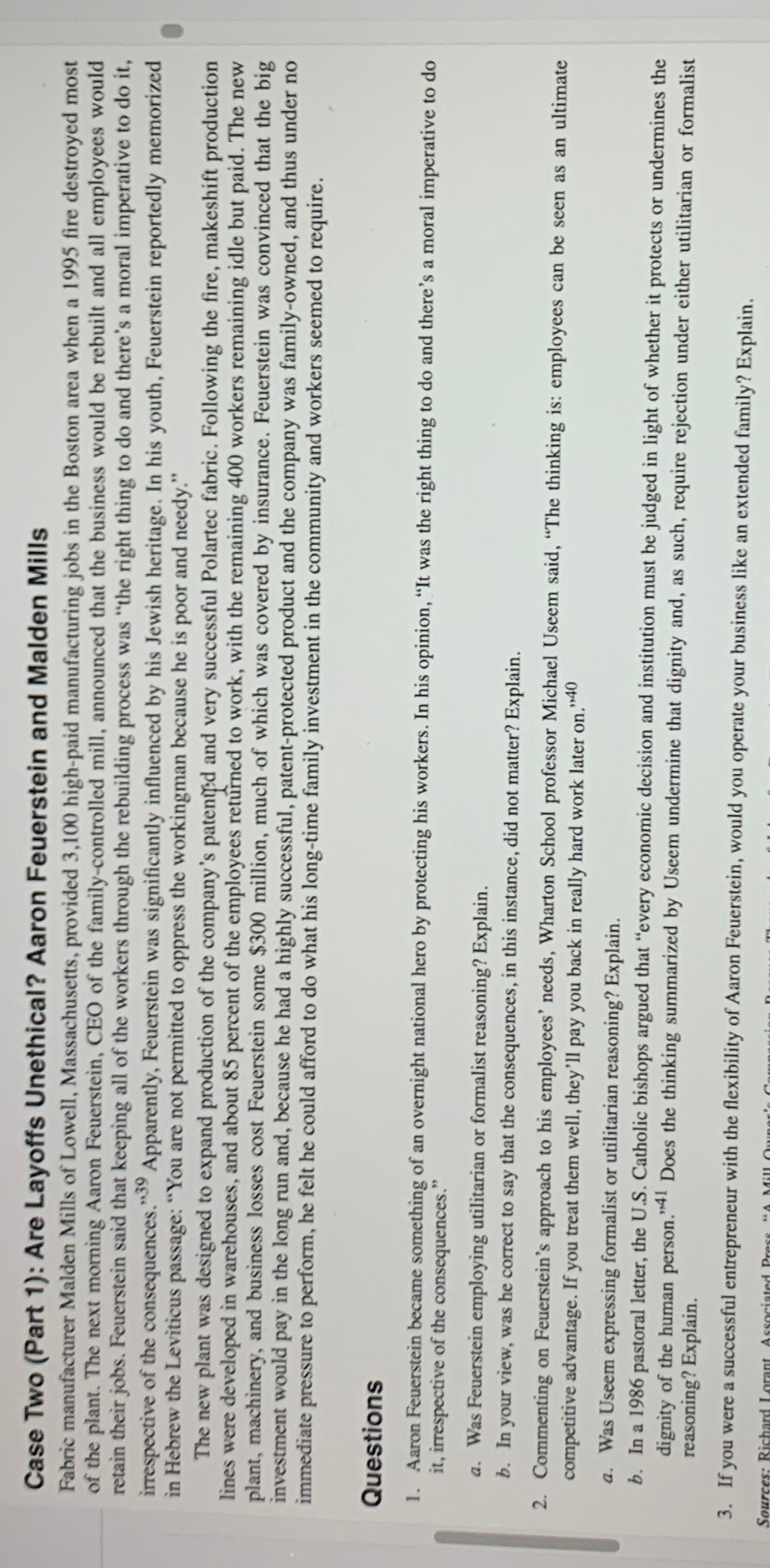  Case Two (Part 1): Are Layoffs Unethical? Aaron Feuerstein and Malden