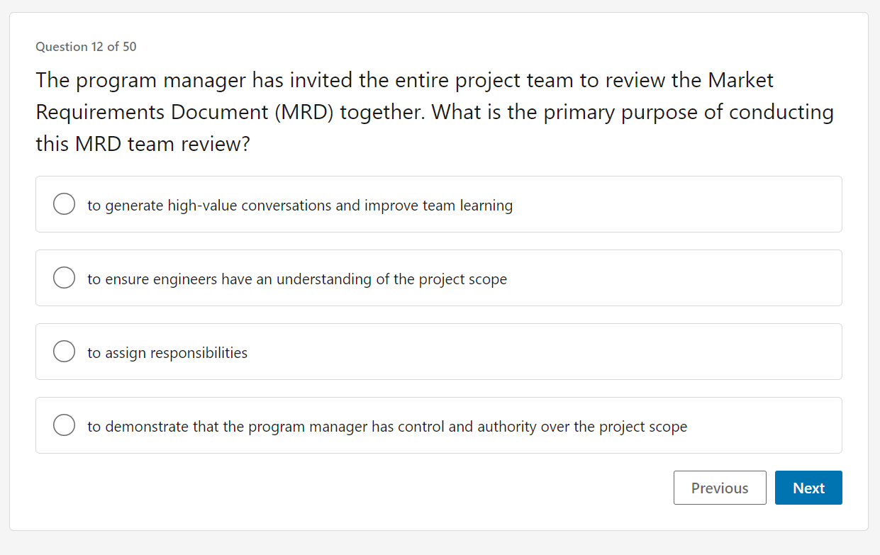  Question 12 of 50 The program manager has invited the entire