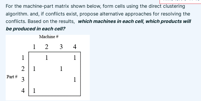  For the machine-part matrix shown below, form cells using the direct