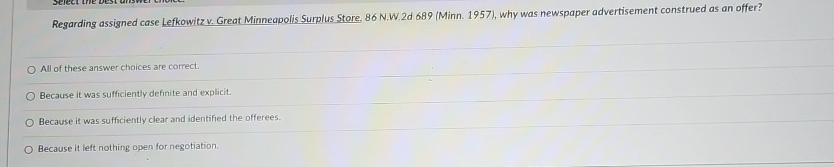  Regarding assigned case Lefkowitz v. Great Minneapolis Surplus Store, 86 N.W.2d689(Minn.1957),