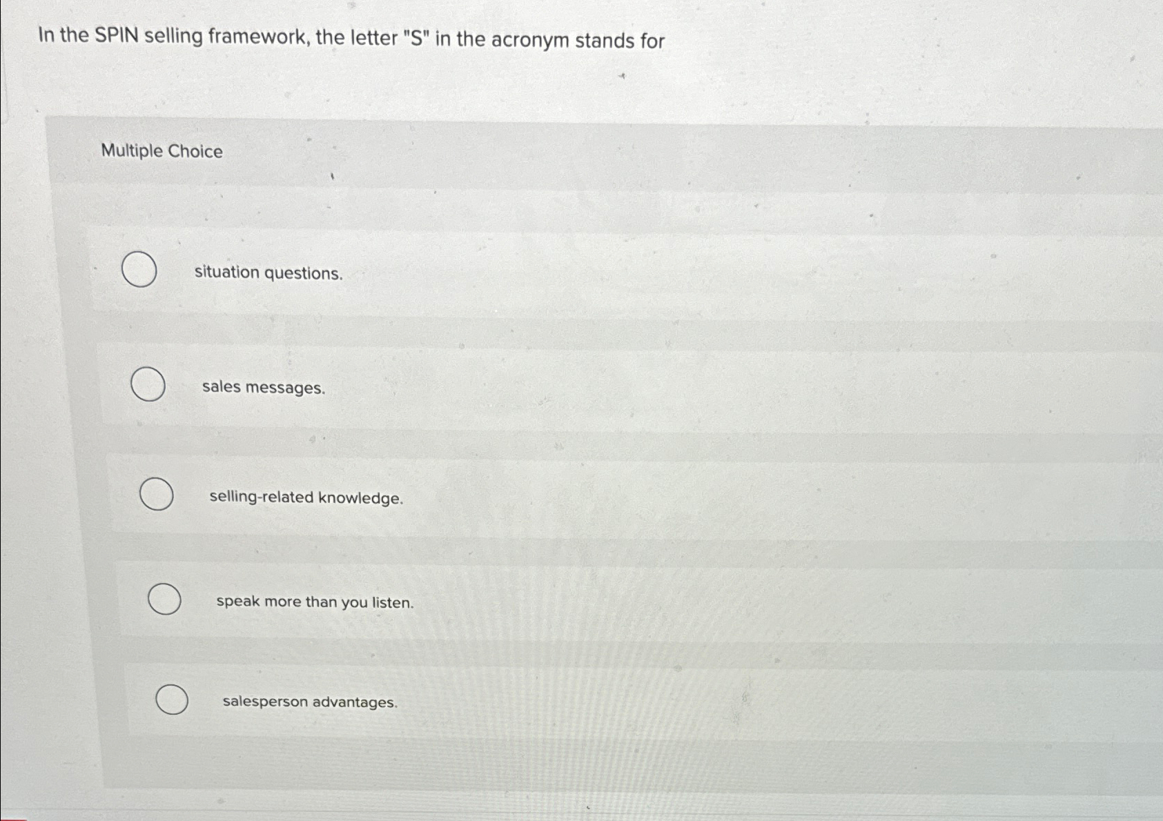  In the SPIN selling framework, the letter "S" in the acronym