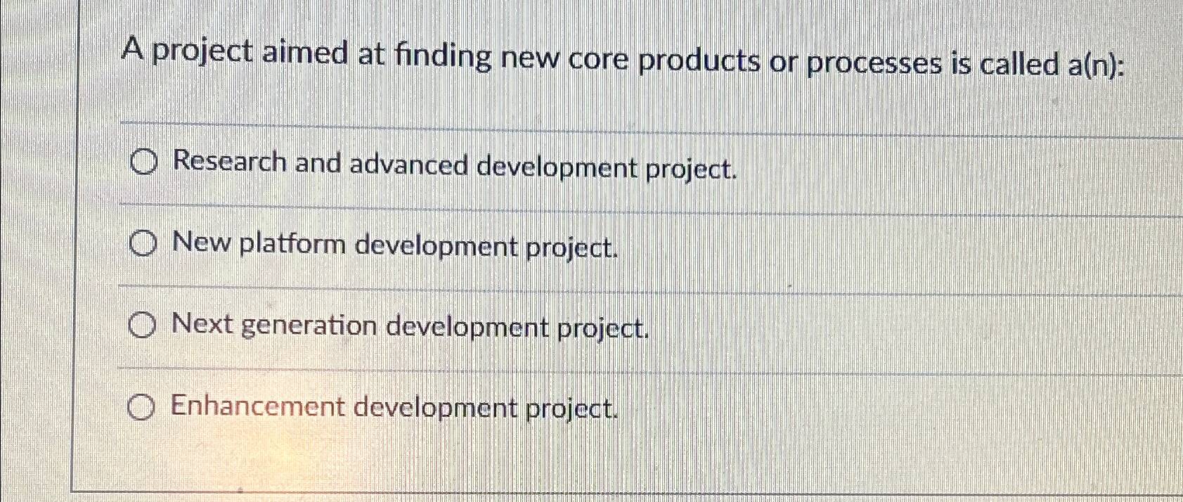  A project aimed at finding new core products or processes is